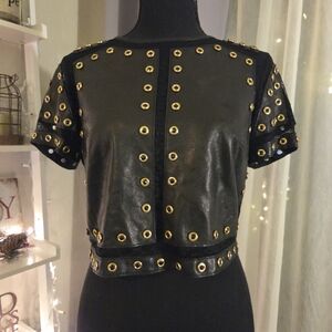 Alice + Olivia Black Leather Lace Gold Eyelets Crop Top
